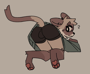 3_toes anthro ass_up ball_bulge black_eyes blush bottomwear bulge butt butt_focus clothing feet fluffy fluffy_tail from_behind_position leg_markings long_sleeves male markings sex shirt shorts simple_background socks_(marking) surprised tail toes topwear ruedeath domestic_cat felid feline felis mammal