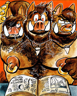 3_heads abs anthro areola bare_chest beard biped blue_eyes body_hair book brown_body brown_hair chest_hair facial_hair hair jewelry male multi_head necklace nipple_piercing nipple_ring nipples piercing reading red_eyes ring_piercing scratching_head solo tooth_necklace tusks white_sclera yellow_eyes billy_fore broody mammal suid suine sus_(pig) wild_boar 4:5 hi_res