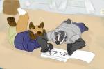 anthro bottomwear clothing creating_art curtains drawing duo floor foot_hands male marker pants shirt sketchbook topwear window aoba_(artist) borges badger canid canine fox mammal mustelid musteline digital_media_(artwork)