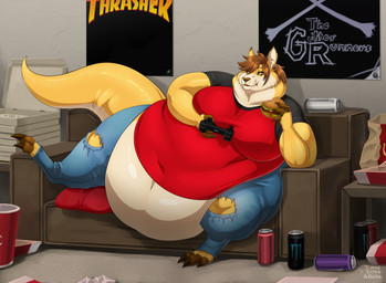 anthro belly big_belly big_moobs bottomwear brown_hair burger cheek_bulge clothed clothing controller deep_navel detailed_background digitigrade eating food fully_clothed fur furniture hair huge_belly male moobs morbidly_obese morbidly_obese_male navel obese obese_male overweight overweight_male pants sofa solo tail thick_arms thick_thighs torn_bottomwear torn_clothing torn_pants wide_hips yellow_body yellow_fur biglovealicia kangaroo macropod mammal marsupial 2023 cel_shading hi_res shaded signature