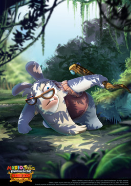 anthro beard blue_eyes blue_sky blurred_background bottomless bottomless_anthro bottomless_male brown_clothing brown_eyewear brown_glasses brown_topwear brown_vest cane clothed clothed_anthro clothed_male clothing copyright_symbol day elderly_anthro elderly_male eyebrows eyewear facial_hair fern fur glasses grass grey_beard grey_eyebrows grey_facial_hair holding_cane holding_object leaning leaning_forward light long_ears male mitten_hands narrowed_eyes noseless outside plant shrub sky solo squint standing symbol tan_inner_ear teeth text thick_eyebrows title topwear tree vest vines white_body white_fur year fabio_pochet mario_bros mario_plus_rabbids_kingdom_battle nintendo raving_rabbids rayman_(series) ubisoft rabbid_cranky lagomorph mammal rabbid 2019 absurd_res colored concept_art crossover digital_drawing_(artwork) digital_media_(artwork) english_description english_text hi_res lighting official_art shaded