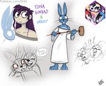 anthro bunny_costume clothed clothing costume female fingers footwear fursuit gown hair hammer holding_object looking_at_viewer open_mouth purple_hair simple_background smile solo standing text tools weapon drxii blizzard_entertainment edna_&_harvey:_the_breakout five_nights_at_freddy's five_nights_at_freddy's:_security_breach scottgames steel_wool_studios warcraft bael_thunderfist edna_konrad ikusame kiara_(drxii) shi-niss vanny_(fnaf) bear human lagomorph leporid mammal pandaren rabbit 2023 crossover digital_media_(artwork) hi_res url