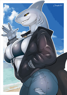 5_fingers anthro beach big_breasts black_clothing black_jacket black_sclera black_topwear blue_body border bottomwear bra breasts clothed clothing denim denim_bottomwear denim_clothing eyelashes female fin fingers gesture gills hand_in_pocket jacket jeans jewelry looking_at_viewer narrowed_eyes necklace non-mammal_breasts open_clothing open_jacket open_topwear outside pants pockets shark_tail side_view smile smiling_at_viewer solo topwear torn_bottomwear torn_clothing torn_jeans torn_pants underwear waving white_border yellow_eyes osada mitsuki_shark aquatic fish shark 2026 digital_media_(artwork) hi_res watermark