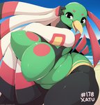 2020 anthro anthrofied avian beak big_breasts black_body black_eyes breasts clothed clothing curvy_figure day english_text female fingers generation_2_pokemon green_body hi_res huge_breasts javanshir looking_at_viewer multicolored_body nintendo nipple_outline non-mammal_breasts one-piece_swimsuit open_beak open_mouth outside overweight overweight_anthro overweight_female pokemon pokemon_(species) pokemorph portrait red_body solo standing swimwear text thick_thighs three-quarter_portrait voluptuous water white_body xatu yellow_body