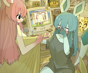 anthro big_breasts blood blue_body blue_ears blue_fur blue_hair blue_tail blush bodily_fluids bow_(feature) breasts computer_monitor convenient_censorship detailed_background duo female flashing flustered fur hair hand_on_mouth inside long_hair looking_at_another multicolored_body nosebleed pink_hair pink_hands pokemorph presenting presenting_breasts sitting tail thick_thighs two_tone_body white_body white_fur wide_hips doremifaso64 microsoft microsoft_paint_(copyright) nintendo pokemon rubik's_cube spam eevee eeveelution flareon generation_1_pokemon generation_2_pokemon generation_4_pokemon generation_6_pokemon glaceon jolteon pichu pikachu pokemon_(species) sylveon 2025 colored digital_drawing_(artwork) digital_media_(artwork) hi_res shaded