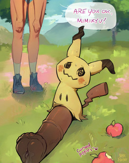 animal_genitalia animal_penis apple big_penis bodily_fluids dialogue duo equine_genitalia equine_penis female feral flared_penis food fruit genital_fluids genitals huge_penis hyper hyper_genitalia hyper_penis male male/female penis plant precum small_but_hung speech_bubble sweat sweatdrop supersquishy nintendo pokemon pokemon_trainer equid equine generation_7_pokemon human mammal mimikyu pokemon_(species) absurd_res hi_res