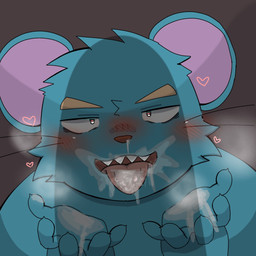anthro blue_body blush bodily_fluids cum cum_on_face cum_on_hand duo genital_fluids heart_symbol kemono male male/male open_mouth penis_shadow solo_focus tongue tongue_out oonami_garou mammal mouse murid murine rodent 1:1 2026 hi_res