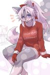 accessory anthro blep blue_eyes bow_ribbon clothing female fur gloves grey_body grey_fur hair hair_accessory hair_bow hair_ribbon handwear holidays ponytail ribbons sitting solo sweater tongue tongue_out topwear turtleneck ookamiwaho christmas okami_bark canid canine canis mammal wolf hi_res