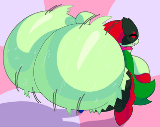 anthro big_breasts big_butt breasts butt eyes_closed female fur green_body green_fur grin huge_breasts huge_butt hyper hyper_butt mask motion_lines pink_background shadow shaking_butt simple_background smile solo teeth thick_thighs twerking wide_hips cyandrive98 nintendo pokemon generation_9_pokemon meowscarada pokemon_(species) 2026 absurd_res hi_res