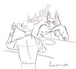 duo eating food male tsupunya beastars legoshi_(beastars) louis_(beastars) canid canine canis cervine deer mammal red_deer wolf hi_res