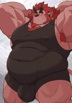 anthro armpit_hair belly body_hair bulge clothing detailed_bulge fur leotard male musclegut muscular muscular_arms nipple_outline pecs red_body red_fur solo othukimi crave_saga gungnir_(crave_saga) demon hi_res