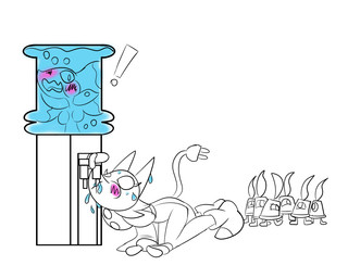 blush container cup drinking face_squish female female/female kneeling machine on_surface squish thirsty vore water water_cooler mepwep deltarune undertale_(series) miss_mizzle tasque_manager cuptain darkner elemental_creature elemental_humanoid felid feline humanoid mammal mizzle_(deltarune) robot water_creature watercooler_(deltarune)