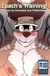 absurd_res anthro blush body_hair canid canine canis chest_hair clothing coach_dale comic cover cover_art cover_page duo facial_hair felid hat headgear headwear hi_res karmakat lion male male/male mammal mane nipples pantherine size_difference thekinkybear wolf