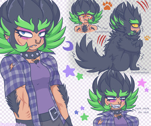 4_fingers alternate_universe anthro arm_hair arm_scar belt belt_buckle bent_leg black_belt black_body black_claws black_collar black_ear_ring black_fur black_hair black_tail blue_eyes bodily_fluids body_hair bone_collar_tag bottomwear breasts brown_scar buckle checkered checkered_background cheek_scar chest_tuft claws closed_frown clothed clothed_female clothed_humanoid clothing collar collar_tag crescent_(shape) crying directional_arrow ear_piercing ear_ring eyebrows eyelashes eyeshadow facial_piercing facial_scar female female_humanoid fingers fluffy fluffy_tail frown fully_clothed fully_clothed_female fully_clothed_humanoid fur green_eyebrows green_hair grey_bottomwear grey_clothing grey_pants hair light makeup mouth_closed multicolored_hair narrowed_eyes nose_piercing nose_ring open_clothing open_shirt open_topwear pants pattern_background pattern_clothing pattern_shirt pattern_topwear piercing plaid plaid_clothing plaid_shirt plaid_topwear profanity pupils purple_clothing purple_eyeshadow purple_shirt purple_topwear ring_piercing scar scratches semi-anthro sharp_teeth shirt simple_background sitting slit_pupils solo spiked_collar spikes spiky_hair squint star_(shape) tail tan_body tan_skin tears tears_of_sadness teeth thick_eyebrows toothy_smile topwear transformation tuft two_tone_hair wound_on_face wound_on_torso x_scar yellow_eyes gaypastabake mario_plus_rabbids_sparks_of_hope mythology nintendo ubisoft edge_(mario_plus_rabbids) animal_humanoid canid canine humanoid mammal mythological_canine mythological_creature werecanid werecanine werecreature werewolf 2024 6:5 colored digital_drawing_(artwork) digital_media_(artwork) english_description hi_res lighting multiple_images shaded story story_in_description