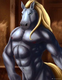 abs anthro blonde_hair front_view green_eyes grey_body hair inside long_hair male male_anthro mouth_closed muscular muscular_anthro muscular_male narrowed_eyes nipples nude pecs pubes red_nipples solo standing satanic_monkey equid equine horse mammal half-length_portrait hi_res portrait