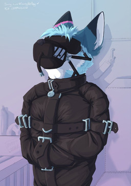 anthro asphyxiation bdsm bdsm_gear belt blindfold bondage bondage_gear bottle bound breath_play buckle clothed clothing collar collar_tag container fur gag head_tuft inflatable_gag inner_ear_fluff leash leashed_to_wall leather leather_strap male muzzle_(object) muzzle_gag muzzled restraints solo straitjacket straps submissive submissive_anthro submissive_male topwear tuft sanynebeystoll zee_(zfursee) canid canine fennec_fox fox mammal true_fox digital_media_(artwork) hi_res