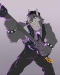 anthro clothed clothing fur guitar hair male muscular muscular_anthro muscular_male musical_instrument necktie playing_guitar playing_music plucked_string_instrument simple_background solo string_instrument greydaboy canid canine canis mammal wolf 2018 digital_media_(artwork) hi_res