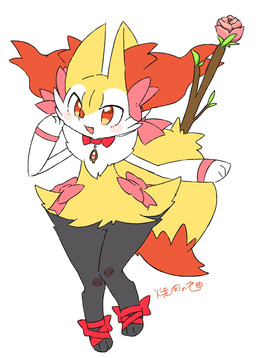 3_fingers 3_toes accessory ambiguous_anthro ambiguous_gender anthro arm_tuft big_tail biped black_body black_fur blush blush_stickers bow_ribbon cheek_tuft chest_tuft choker cute_fangs digitigrade dipstick_tail facial_tuft fangs feet fingers flat_chested flower front_view fur hair_accessory hip_tuft inner_ear_fluff jewelry knock-kneed leaf looking_at_viewer magical_girl_outfit markings mostly_nude_ambiguous mostly_nude_anthro multicolored_body multicolored_fur necklace object_in_tail on_one_leg open_mouth open_smile orange_body orange_eyes orange_fur orange_inner_ear_fluff orange_nose orange_tail_tip plant pointy_ears prick_ears shoulder_tuft simple_background smile solo standing stick stick_in_tail tail tail_markings tapering_snout teeth text toes tuft two_tone_tail white_background white_body white_fur yellow_body yellow_fur yellow_tail yakiniku628 nintendo pokemon braixen canid generation_6_pokemon mammal pokemon_(species) 2020 colored digital_drawing_(artwork) digital_media_(artwork) flat_colors full-length_portrait hi_res japanese_description japanese_text portrait signature translated_description female_(lore)