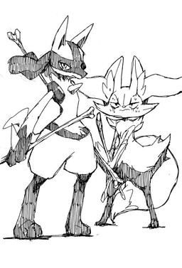 3_toes ambiguous_anthro ambiguous_gender anthro arm_tuft biped bodily_fluids cheek_tuft chest_tuft closed_frown digitigrade dipstick_tail duo facial_tuft featureless_chest featureless_crotch feet flat_chested front_view frown hip_tuft holding_bone holding_object holding_stick inner_ear_fluff looking_at_viewer markings mouth_closed narrowed_eyes nude_ambiguous nude_anthro shoulder_tuft simple_background snout spikes spikes_(anatomy) standing stick sweat sweatdrop tail tail_markings three-quarter_view toes tuft white_background tattanbu nintendo pokemon braixen canid generation_4_pokemon generation_6_pokemon lucario mammal pokemon_(species) 2016 black_and_white full-length_portrait hatching_(art) japanese_description monochrome pen_(artwork) portrait shaded traditional_media_(artwork) translated_description female_(lore) male_(lore)