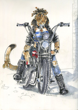 ankh anthro armlet biker biker_jacket black_body black_fur boots bottomwear bracelet brown_body brown_eyes brown_fur clothed clothing collar denim denim_bottomwear denim_clothing dreadlocks female footwear fully_clothed fur jeans jewelry kerchief motorcycle pants shoes solo tan_body tan_fur torn_bottomwear torn_clothing torn_jeans torn_pants vehicle heather_bruton egyptian_mythology middle_eastern_mythology mythology sekhmet deity felid lion mammal pantherine 2020 signature