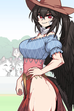 :o ambiguous_gender big_breasts black_hair black_tail black_wings breasts brown_hair clothed clothed_female clothed_humanoid clothing cowboy_hat feathered_wings feathers female female_focus feral grin grinning_at_viewer group hair hat headgear headwear humanoid_focus looking_at_viewer no_underwear open_mouth puffy_sleeves question_mark red_eyes short_sleeves smile smiling_at_viewer solo_focus tail tongue tongue_out wings formicid_(artist) cygames touhou uma_musume_pretty_derby saki_kurokoma special_week_(pretty_derby) animal_humanoid canid canine canis equid equid_humanoid equine equine_humanoid horse_humanoid humanoid mammal mammal_humanoid pegasus_humanoid winged_humanoid wolf 2023 2:3 crossover hi_res