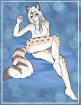 anthro blue_eyes breasts female fluffy fluffy_tail fur genitals hair long_hair looking_at_viewer nipples nude pink_nipples pink_nose pussy solo spots spread_legs spreading tail tan_body tan_fur white_hair aludrakijurorin clair_(aludrakijurorin) felid mammal hi_res