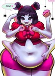 5_eyes 6_arms anthro anthro_focus belly belly_overhang big_belly big_breasts black_hair blouse blush bottomwear bow_tie breasts clothing crumbs cupcake deep_navel dessert dialogue doughnut eating empty_eyes exoskeleton fangs female female_focus feral food front_view glistening glistening_eyes hair holding_belly holding_cupcake holding_doughnut holding_food holding_object huge_hips huge_thighs midriff multi_arm multi_eye multi_limb navel non-mammal_breasts obese obese_anthro obese_female open_mouth open_smile overweight overweight_anthro overweight_female pastry pigtails purple_body purple_exoskeleton short_hair shorts simple_background smile solo speech_bubble straight_hair teeth text thick_thighs topwear wide_hips plumpchu undertale undertale_(series) muffet arachnid arthropod spider english_text hi_res portrait signature three-quarter_portrait