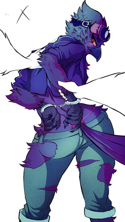 anthro beak bent_over blush boots bottomwear bound clothed clothing cuff_(restraint) denim denim_bottomwear denim_clothing duo eyelashes eyewear feathers feet female footwear goggles handcuffs jacket jeans leather leather_clothing leather_jacket leather_topwear looking_at_viewer looking_back metal_cuffs panties pants restrained restraints shackles shoes solo_focus standing tail tail_feathers talons thong thong_straps toes topwear torn_bottomwear torn_clothing torn_jeans torn_pants underwear ashendawger chucklefish starbound avian avian_(starbound) bird corvid corvus_(genus) oscine passerine raven 2017 4k 9:16 absurd_res hi_res unfinished