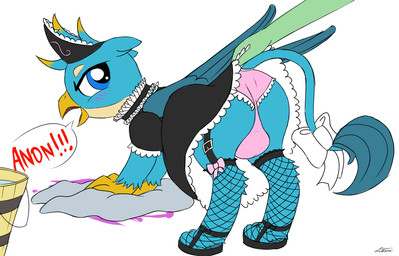 balls_outline beak blue_body blue_eyes blue_feathers bottomwear bucket bulge butt cleaning clothed clothing clothing_lift container crossdressing detailed_bulge dress duo feathered_wings feathers femboy feral fishnet_clothing fishnet_legwear genital_outline half-closed_eyes legwear long_tail maid_uniform male narrowed_eyes panties presenting presenting_hindquarters rear_view skirt skirt_lift tail tail_tuft tail_under_skirt towel tuft underwear uniform wings lutescu friendship_is_magic hasbro my_little_pony mythology anon gallus_(mlp) avian gryphon mythological_avian mythological_creature 2020