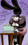 3_toes 4_fingers anthro barefoot between_breasts big_breasts big_eyes biped birthday_cake birthday_candle black_blouse black_body black_clothing black_ears black_fur black_mouth black_nose black_tail black_text black_tongue black_topwear bloomers blouse bodily_fluids bottomwear breast_squish breasts butt button_(fastener) cake candle cat_tail character_birthday clothed clothed_anthro clothed_female clothed_male clothing confetti countershade_face countershading dessert drooling duo exclamation_point eye_contact eyelashes eyes_closed feet female female_anthro fingers food front_view fur gloves handwear happy_birthday heart_eyes heart_symbol holding_character larger_anthro larger_female lit_candle looking_at_another looking_down looking_down_at_another looking_up looking_up_at_another male male/female male_anthro markings midriff noseless open_mouth open_smile pink_bottomwear pink_clothing pink_shorts pink_tongue pointy_ears prick_ears purple_background red_clothing red_heart red_shirt red_topwear saliva shirt shorts simple_background size_difference smaller_anthro smaller_male smile snaggle_tooth squish standing tail tan_bottomwear tan_clothing tan_shorts text thick_thighs toeless_(marking) toes tongue topwear wavy_mouth white_background white_body white_clothing white_countershading white_gloves white_handwear white_inner_ear white_markings white_toes thatoneaceguy inky_(thatoneaceguy) domestic_cat felid feline felis lagomorph leporid mammal rabbit 2019 colored digital_drawing_(artwork) digital_media_(artwork) english_text full-length_portrait portrait shaded