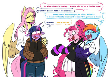 anthro anthrofied asking asking_another asking_how asking_what blue_body blush bodily_fluids bottomwear breasts christian_cross christian_symbol clothed clothing cross crossed_arms crucifix dialogue embarrassed eyes_closed female female/female fingers furgonomics group hair heart_symbol hoodie horn inward_tail_speech_bubble jewelry laugh long_hair multicolored_body multicolored_hair name_drop name_in_dialogue necklace one_eye_closed open_mouth pink_body pink_hair psssh purple_body purple_hair question questioning_tone rainbow_hair religion religious_symbol shirt simple_background skirt speech_bubble standing stuttering tail tail_through_skirt talking_to_another tears text topwear vocalization vowelless vowelless_vocalization white_background wings yes-no_question redxbacon christianity friendship_is_magic hasbro my_little_pony mythology fluttershy_(mlp) pinkie_pie_(mlp) rainbow_dash_(mlp) twilight_sparkle_(mlp) earth_pony equid equine horse mammal mythological_creature mythological_equine pegasus pony unicorn english_text