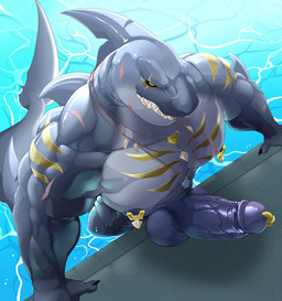 anthro arm_fin balls blue_body blue_scales dorsal_fin earless elbow_fin erection fin genitals gills glans golden_markings head_fin humanoid_genitalia humanoid_penis male multicolored_body multicolored_scales muscular muscular_anthro muscular_male notched_fin partially_submerged penis poolside scales scar sharp_teeth solo swimming_pool tail tail_fin teeth thick_tail two_tone_body two_tone_scales water white_body white_scales weskers alvintanubis dylan_(alvintanubis) aquatic fish shark absurd_res hi_res