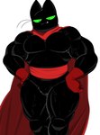 anthro biceps black_body black_fur bodily_fluids body_hair cape clothing crotch_tuft featureless_crotch fur gloves green_eyes handwear male muscular muscular_male pecs sharp_teeth solo sweat teeth tuft vein veiny_muscles waistband whiskers oyasmis cartoon_network mao_mao:_heroes_of_pure_heart sheriff_mao_mao_mao domestic_cat felid feline felis mammal hi_res