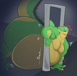 3_toes 4_fingers all_fours anthro belly bent_arm big_belly big_butt butt claws creaking feathered_crest feathers featureless_chest feet finger_claws fingers green_body green_skin green_tail grey_wall hair head_crest huge_belly huge_butt inside light looking_at_self male male_anthro moobs morbidly_obese morbidly_obese_anthro morbidly_obese_male motion_lines multicolored_body multicolored_skin obese obese_anthro obese_male overweight overweight_anthro overweight_male purple_hair sharp_teeth solo striped_arms striped_legs stuck_in_door tail teeth thick_tail thick_thighs toe_claws toes two_tone_body two_tone_skin two_tone_tail wall_(structure) white_claws yellow_body yellow_eyes yellow_skin yellow_tail grosspotoo troodon_(character) dinosaur prehistoric_species reptile scalie theropod troodon troodontid 2024 colored digital_drawing_(artwork) digital_media_(artwork) english_description hi_res lighting shaded