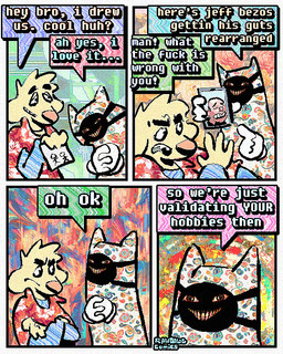 aloha_shirt anthro cartoon_gloves clothing dialogue drawing_(object) duo floppy_ears fur humor male mask pattern_clothing pattern_shirt pattern_topwear shirt smile speech_bubble text topwear yellow_body yellow_fur rawdawgcomics julian_(rawdawgcomics) stahli_(rawdawgcomics) ambiguous_species bird_dog canid canine canis domestic_dog golden_retriever hunting_dog mammal retriever 4:5 comic english_text hi_res