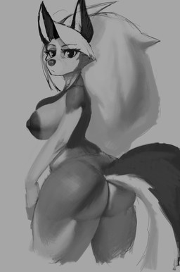 anthro areola big_breasts big_butt breasts butt female grey_background hair long_hair looking_back nipples nude simple_background solo standing tail tenacitrus hellaverse helluva_boss mythology loona_(helluva_boss) canid canid_demon canine demon hellhound mammal mythological_canine mythological_creature hi_res monochrome
