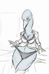 anthro avian beak bird blue_crane bra breasts cellina_(slither) cleavage clothed clothing crane_(bird) female gruiform grus_(genus) insimde lace nails non-mammal_breasts panties shirt sketch slither solo topwear tryst_entangled underwear undressing wide_hips
