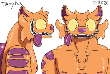 fur glistening glistening_body looking_at_viewer male muscular nipples open_mouth orange_body orange_fur smile solo tongue tongue_out yellow_eyes yellow_sclera theenyface lonthion felid mammal monster headshot_portrait portrait shaded