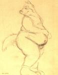 1999 anthro barely_visible_genitalia bd belly big_belly canid canine clothing deep_navel footwear fur genitals graphite_(artwork) half-closed_eyes legwear looking_back male mammal narrowed_eyes navel overweight overweight_anthro overweight_male pencil_(artwork) smile socks solo thick_thighs traditional_media_(artwork) whiskers