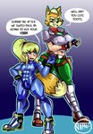 blonde_hair blush breasts bulge duo female green_eyes hair head_swap looking_up male ponytail simple_background size_difference smile standing text zero_suit onat metroid nintendo star_fox fox_mccloud samus_aran canid canine fox mammal 2015 absurd_res english_text hi_res