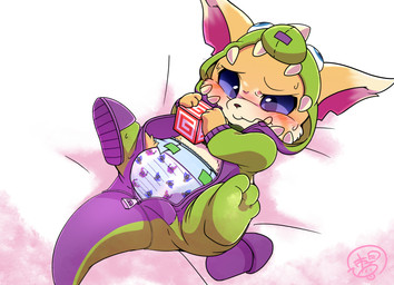 anthro bed big_ears block blue_eyes blush bodily_fluids brown_body brown_fur clothed clothing costume diaper exposed_diaper feet footwear fur furniture lying male onesie open_onesie semi-anthro shoes slippers solo sweat toddler wearing_diaper young young_anthro m@rt league_of_legends riot_games tencent gnar_(lol) yordle hi_res