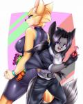 anthro black_hair black_nose blue_eyes clothed clothing duo female fingerless_gloves fully_clothed gloves hair handwear holding_object looking_at_viewer male open_mouth purple_eyes mleonheart kamen_rider kamen_rider_ex-aid kamen_rider_kabuto miguel_(mleonheart) shaze canid canine fox mammal 2017