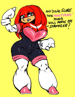 anthro areola areola_slip armor armwear big_breasts biped black_clothing breastplate breasts cleavage clothed clothing crossgender dialogue elbow_gloves eyeshadow female footwear gloves handwear lipstick makeup mtf_crossgender muscular muscular_anthro muscular_female pink_clothing pink_footwear pink_shoes red_body shoes simple_background solo text white_clothing white_gloves white_handwear yellow_background redandblacktac sega sonic_the_hedgehog_(series) knuckles_the_echidna rouge_the_bat echidna mammal monotreme english_text hi_res