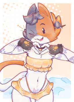 anthro biped blue_body blue_fur blush clothing eyebrows female fur gloves handwear multicolored_body multicolored_fur multicolored_tail navel one_eye_closed orange_body orange_fur orange_tail simple_background solo standing swimwear tail underwear white_body white_fur white_tail c3ilin epic_games fortnite cate_meowdy domestic_cat felid feline felis mammal hi_res