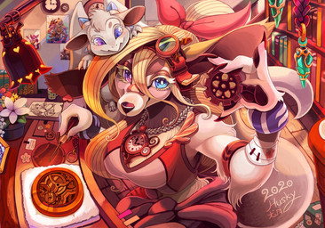 4_fingers ambiguous_gender anthro big_breasts black_pawpads blonde_hair breasts clock clockwork detailed_background domestic_pet duo eyewear eyewear_on_head female fingers fur furries_with_pets gear goggles goggles_on_head hair heterochromia horn humanoid_hands inside jewelry kemono necklace pawpads purple_eyes solo_focus tail white_body white_fur working workshop inutsukihasukii mythology deer dragon furred_dragon furred_scalie mammal mythological_creature mythological_scalie scalie 2020 dated detailed digital_media_(artwork) signature