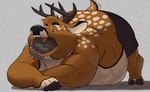 4_toes anthro back_rolls belly brown_body brown_fur claws duo fat_rolls feet fur hooves horn male oral_foot_gulp oral_vore overweight paws struggling struggling_prey toes vore dj-rodney bear deer mammal hi_res