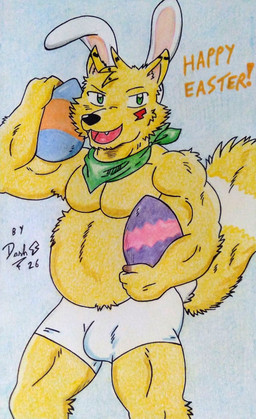 anthro barazoku belly biceps black_nose blue_background bulge cheek_markings clothing easter_egg egg facial_markings fake_ears fake_rabbit_ears fake_rabbit_tail fake_tail fluffy fluffy_tail fur green_eyes green_kerchief green_neckerchief head_markings holding_easter_egg holidays kemono kerchief looking_at_viewer male markings musclegut muscular muscular_anthro muscular_arms muscular_male neckerchief neckwear open_mouth overweight overweight_anthro overweight_male pecs red_markings simple_background solo tail teeth text underwear white_clothing white_underwear yellow_body yellow_fur dashthefox easter dashfox canid canine canis fox mammal 2026 absurd_res colored_pencil_(artwork) english_text hi_res traditional_media_(artwork)
