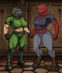 anthro armor crossgender duo facility female female/female hand_holding headgear helmet hooves horn muscular muscular_female srtomgeek_(artist) doom_(series) id_software microsoft baphomena_(alekksandar) doom_slayer doomgal baron_of_hell cacodemon human mammal absurd_res hi_res