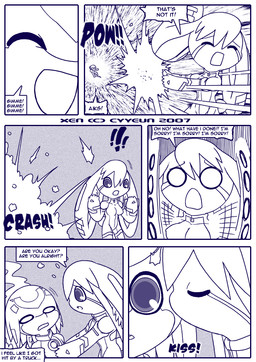 :d ^_^ anthro attack blush border breasts d: dialogue duo eyes_closed facial_markings female female_anthro forehead_markings head_markings huge_ears kemono kissing_cheek machine male male_anthro markings nervous o_o onomatopoeia open_mouth scared smile sound_effects speech_bubble surprised tail talking_to_another text tuft white_border cyyeun xen_(series) fio_(xen) switch_(xen) lagomorph leporid mammal rabbit robot robot_anthro 2007 blue_and_white blue_monochrome comic dated english_text monochrome