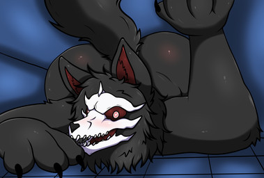 anthro big_butt black_body black_fur blue_floor blue_wall bone bone_mask butt cramped fur huge_butt hyper hyper_butt looking_at_viewer macro male mask red_eyes red_tuft sharp_teeth simple_background skull skull_head skull_mask teeth tuft zalel nazukio kryptid absurd_res hi_res